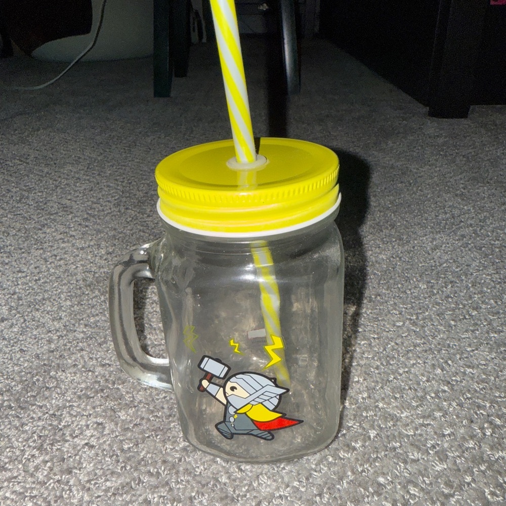 Miniso Marvel Thor Mason Jar with Yellow Lid and Straw